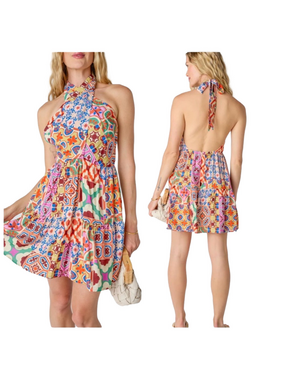 🦢FORE Multicolor Halter-Neck Printed abstract Mini Dress size M GUC